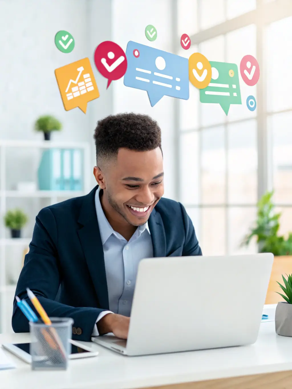 A person smiling while using a laptop to apply for a loan online, emphasizing the ease and convenience of the Primelend Finance platform.
