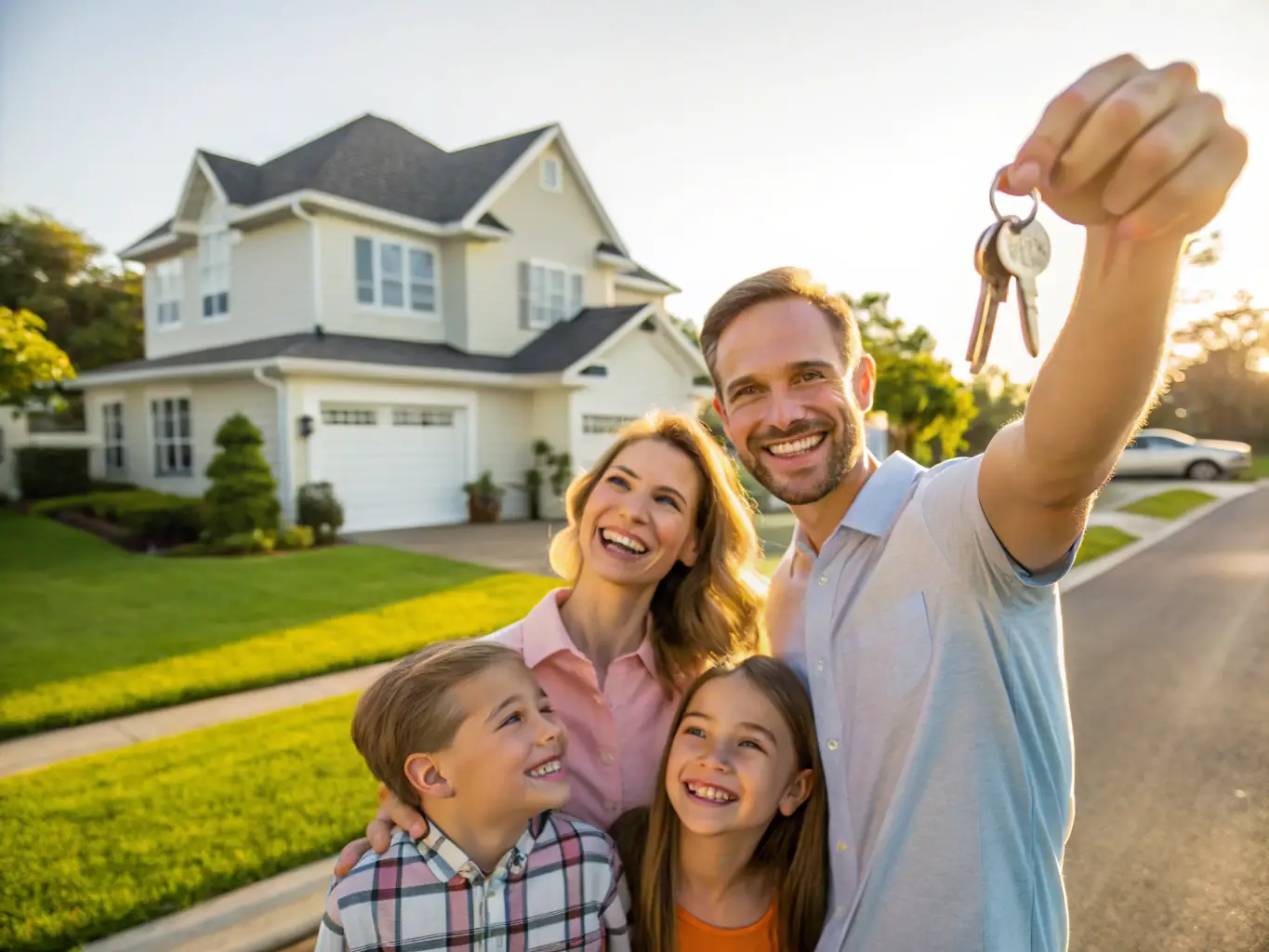 A family standing in front of their newly renovated home, smiling and holding keys, representing home improvement loan options.